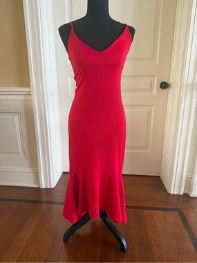 monaco Red V-Neck Spaghetti-Strap Midi Dress with Fluted Hem